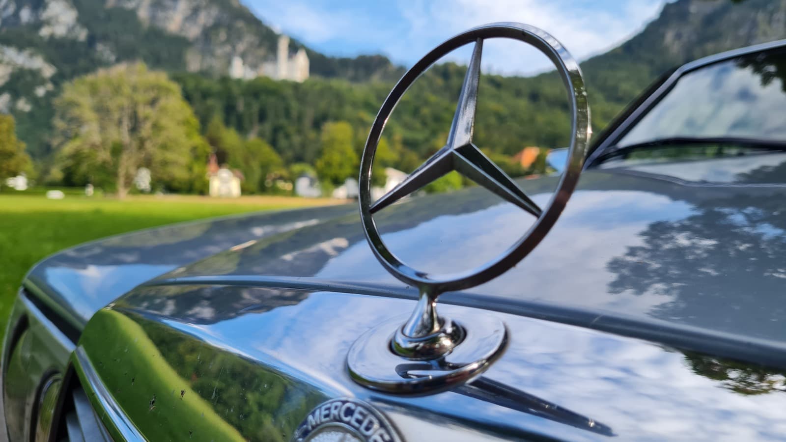 Mercedes-Stern auf der Motorhaube eines W123, im Hintergrund ein Schloss